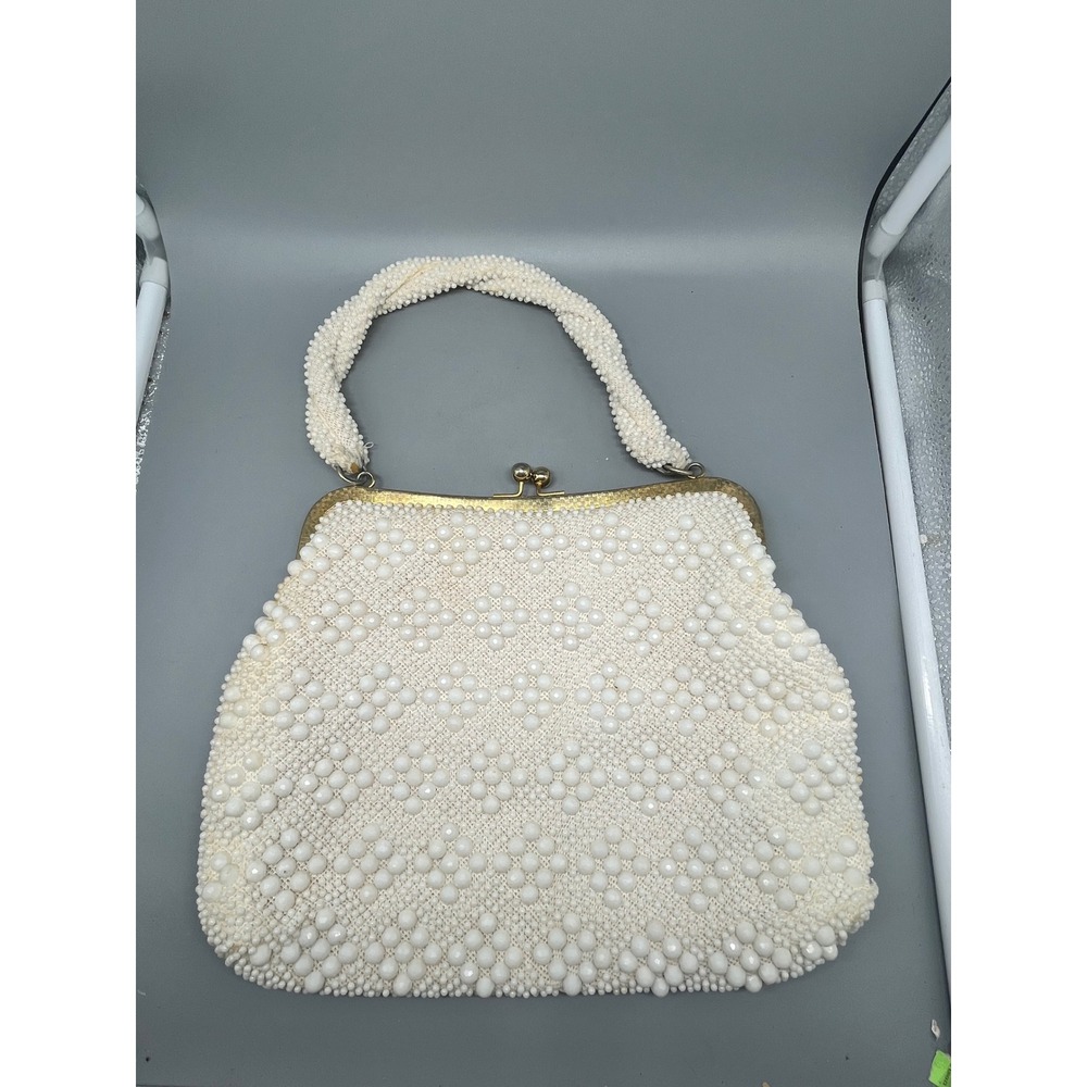 Vintage Beaded Off White Handbag Hong Kong‎ Pearlized Lucite Trim 1960s